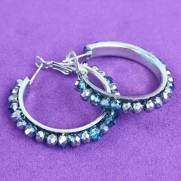 💜Premier "Seaside" Teal & Gray Beaded Hoop Earrings - Picture 3 of 8